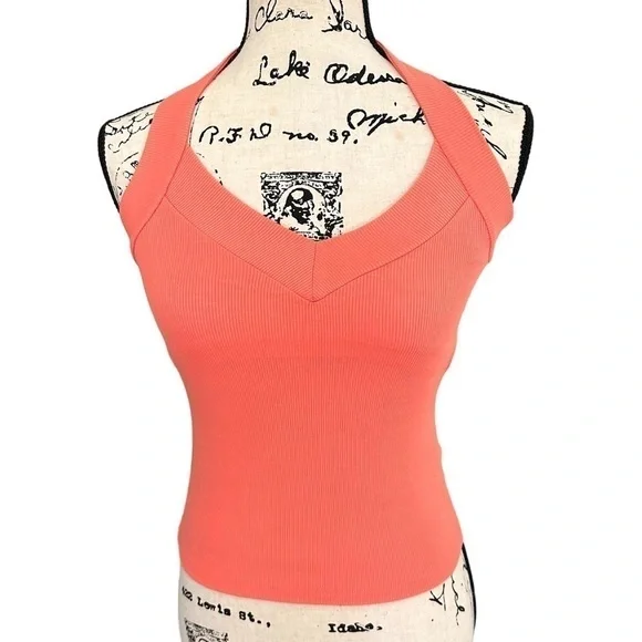 Silence + Noise Rebel Ribbed Coral Halter V-Neck Top XS - Picture 4 of 11